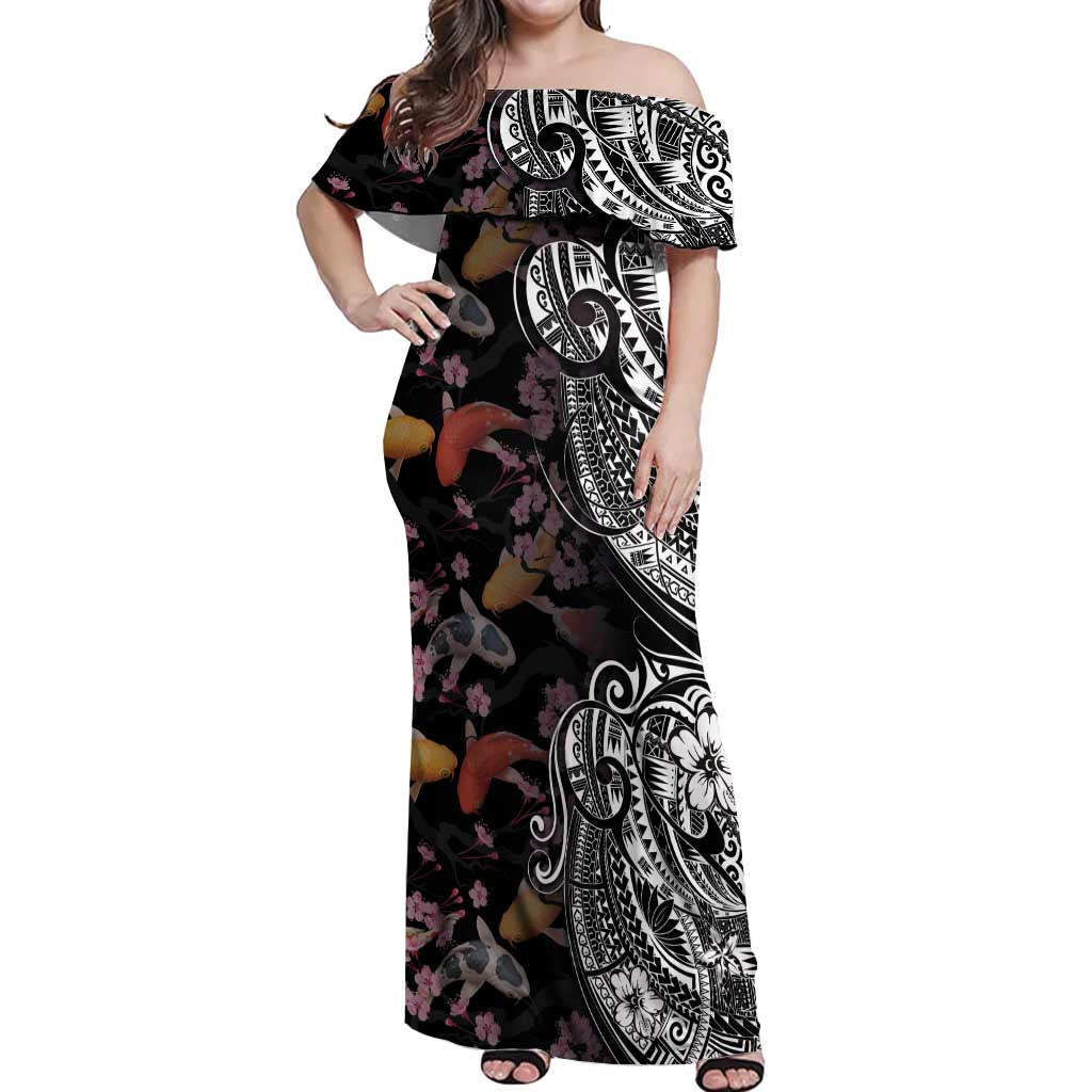 Hawaiian and Japanese Together Off Shoulder Maxi Dress Polynesian Triball Tattoo Koi Carps and Sakura LT03 Women Black - Polynesian Pride