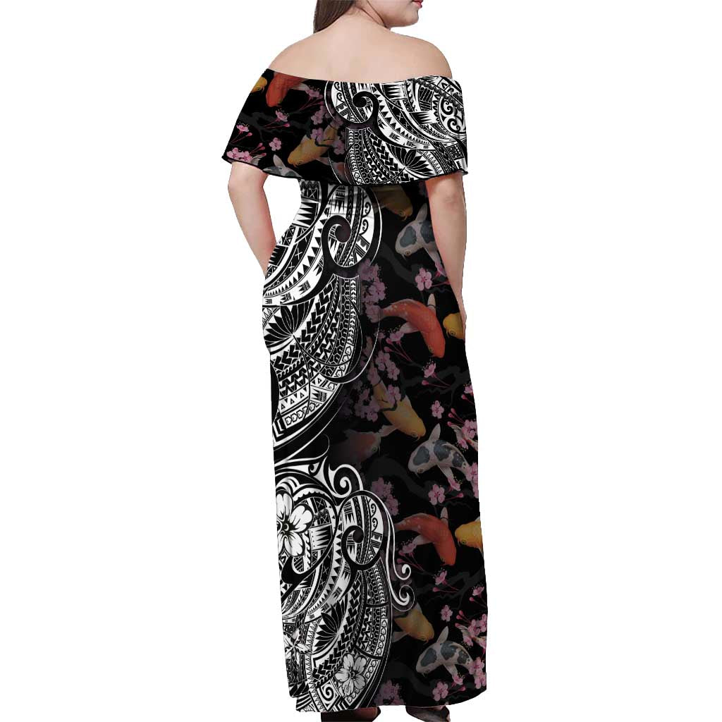 Hawaiian and Japanese Together Off Shoulder Maxi Dress Polynesian Triball Tattoo Koi Carps and Sakura LT03 - Polynesian Pride