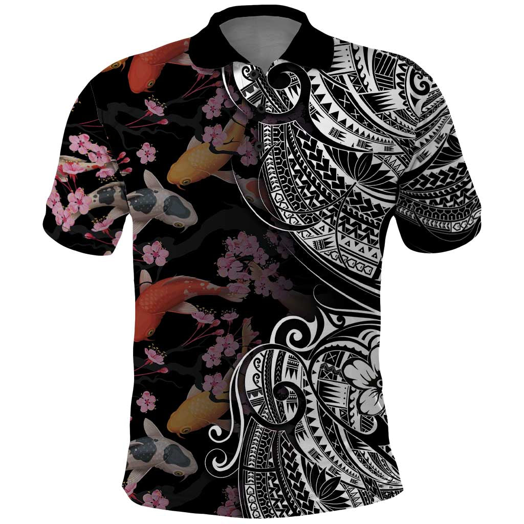 Hawaiian and Japanese Together Polo Shirt Polynesian Triball Tattoo Koi Carps and Sakura