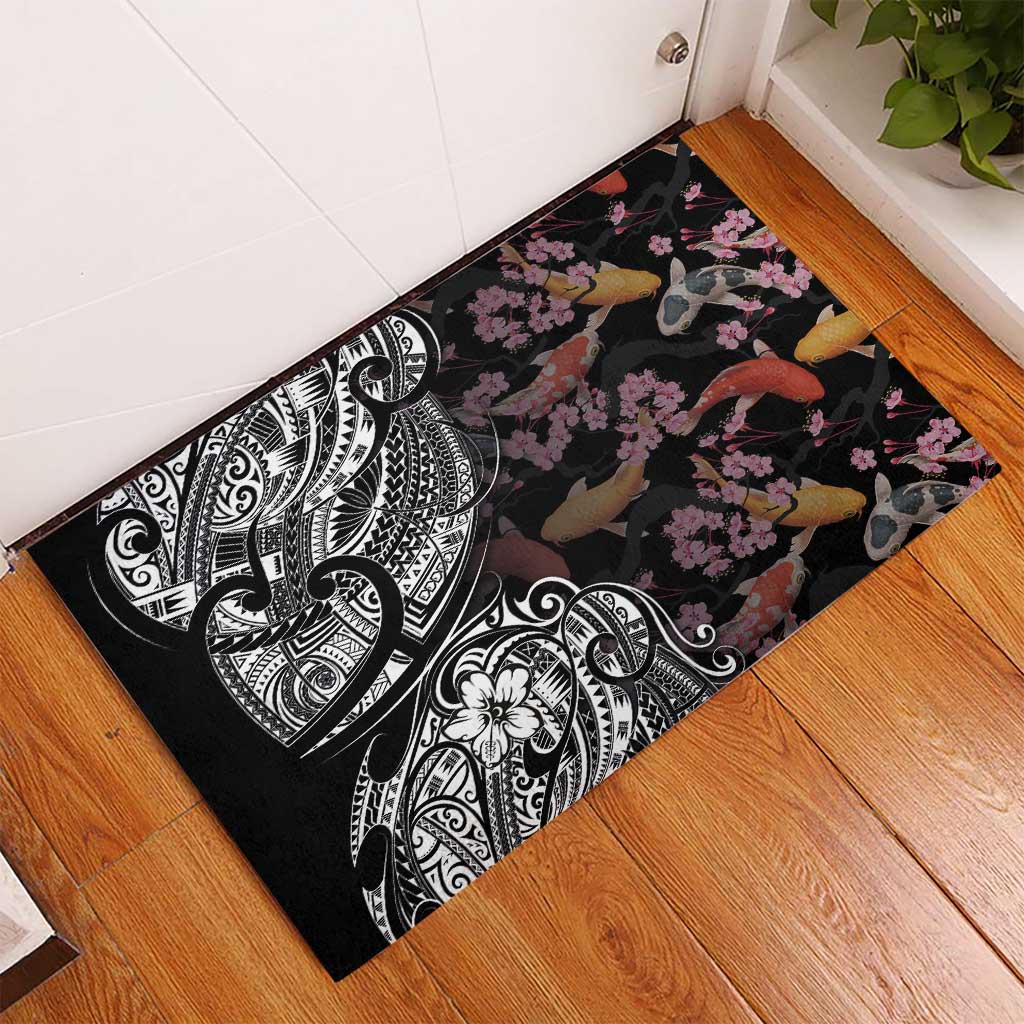 Hawaiian and Japanese Together Rubber Doormat Polynesian Triball Tattoo Koi Carps and Sakura LT03 - Polynesian Pride
