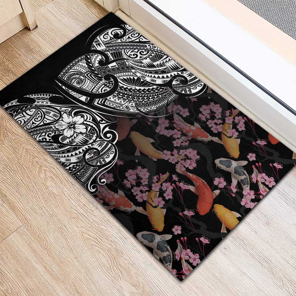 Hawaiian and Japanese Together Rubber Doormat Polynesian Triball Tattoo Koi Carps and Sakura LT03 - Polynesian Pride