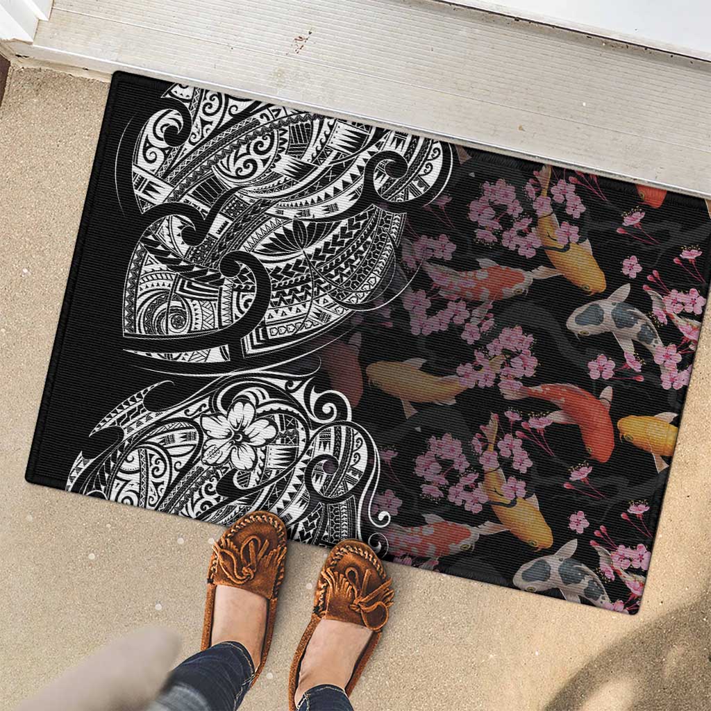 Hawaiian and Japanese Together Rubber Doormat Polynesian Triball Tattoo Koi Carps and Sakura LT03 - Polynesian Pride