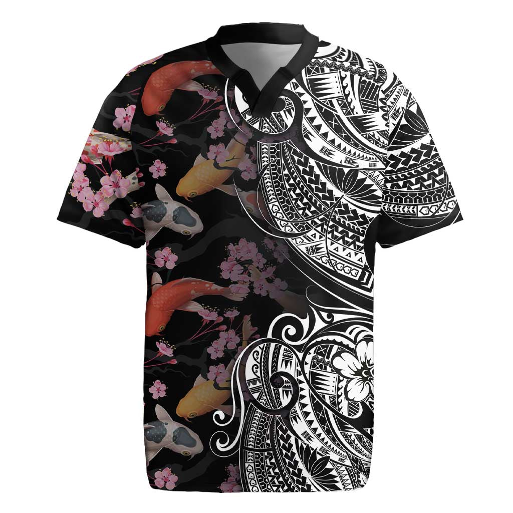 Hawaiian and Japanese Together Rugby Jersey Polynesian Triball Tattoo Koi Carps and Sakura
