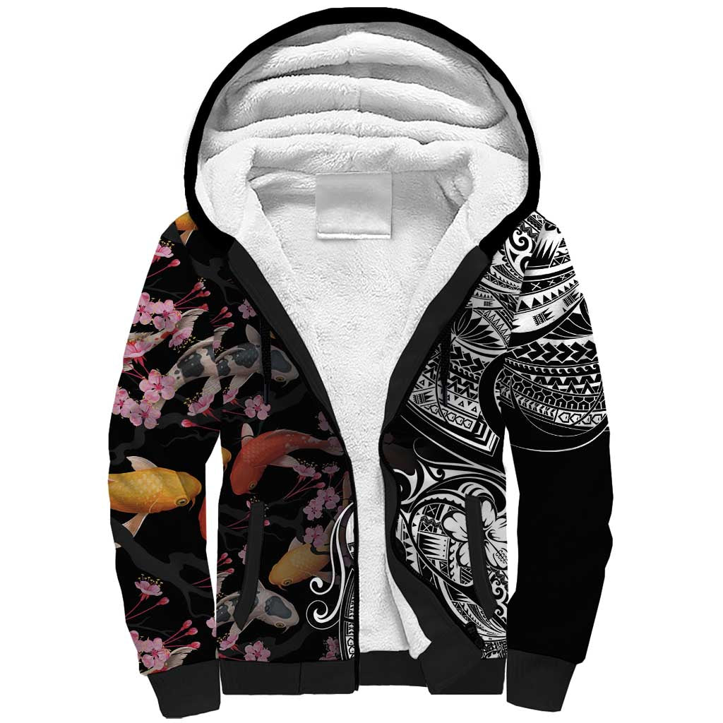 Hawaiian and Japanese Together Sherpa Hoodie Polynesian Triball Tattoo Koi Carps and Sakura