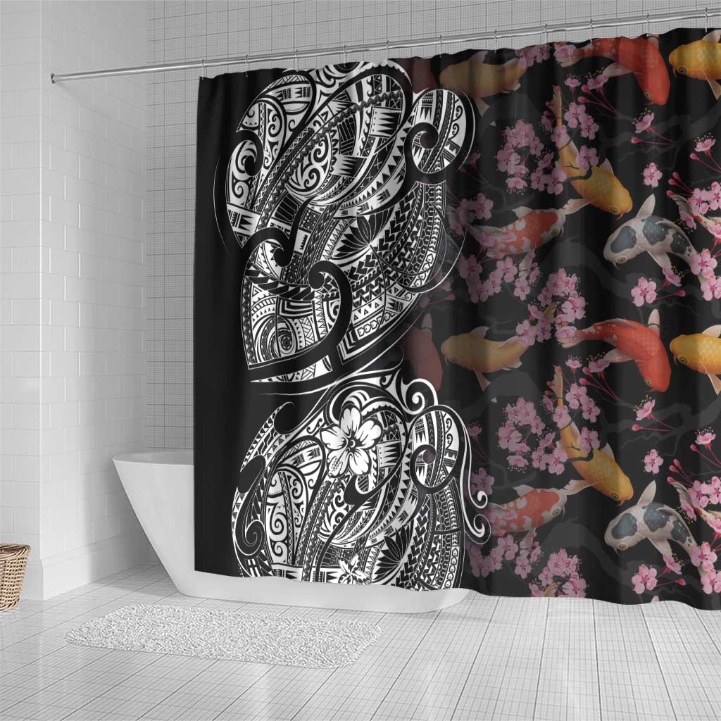 Hawaiian and Japanese Together Shower Curtain Polynesian Triball Tattoo Koi Carps and Sakura LT03 - Polynesian Pride