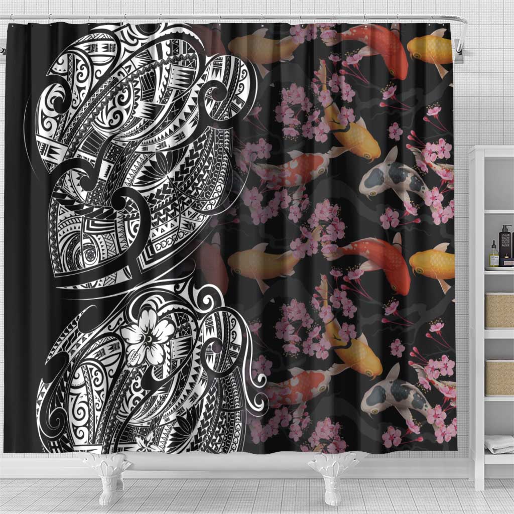 Hawaiian and Japanese Together Shower Curtain Polynesian Triball Tattoo Koi Carps and Sakura LT03 - Polynesian Pride