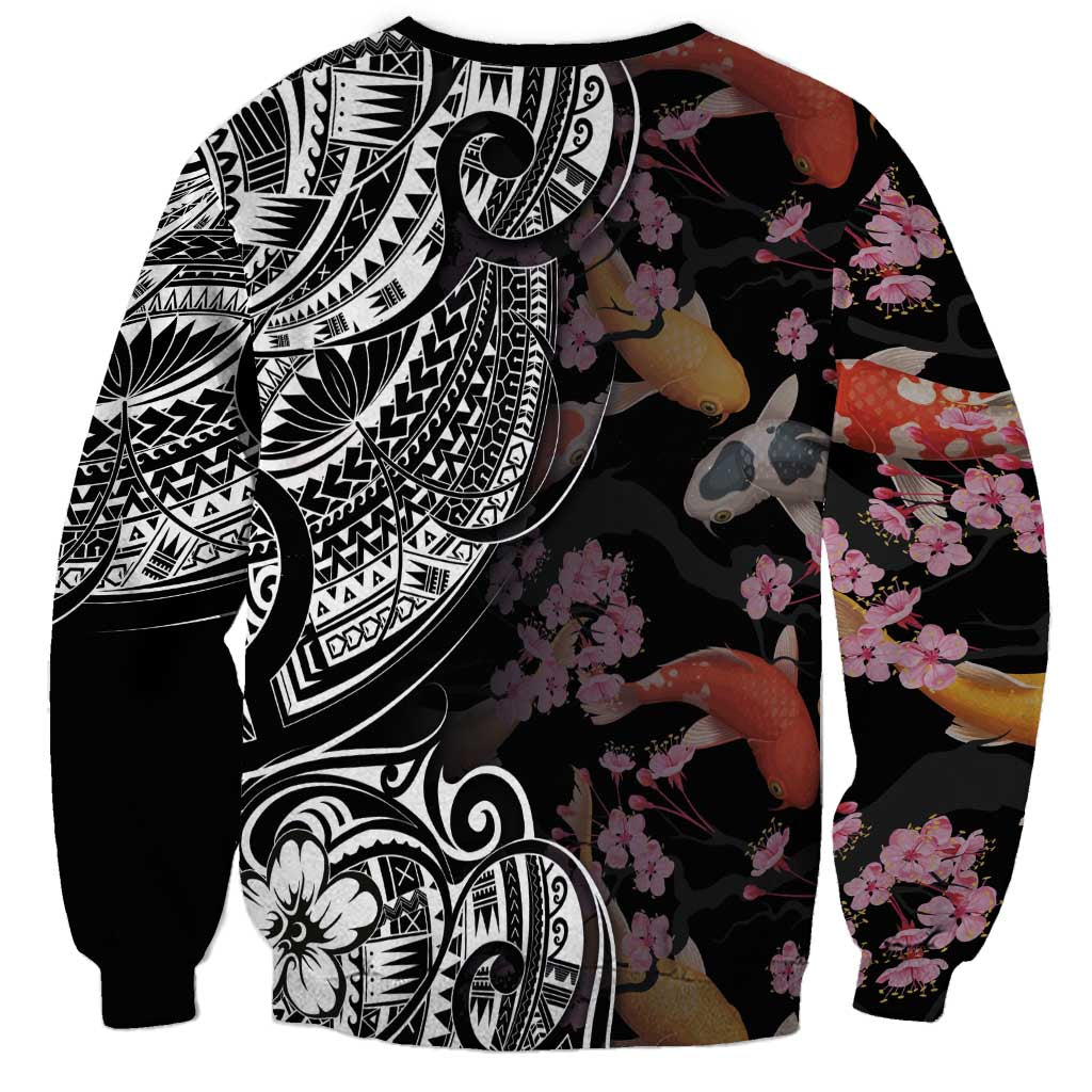 Hawaiian and Japanese Together Sweatshirt Polynesian Triball Tattoo Koi Carps and Sakura