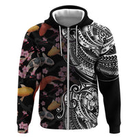 Hawaiian and Japanese Together Zip Hoodie Polynesian Triball Tattoo Koi Carps and Sakura LT03 Zip Hoodie Black - Polynesian Pride