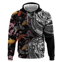 Hawaiian and Japanese Together Zip Hoodie Polynesian Triball Tattoo Koi Carps and Sakura LT03 Pullover Hoodie Black - Polynesian Pride