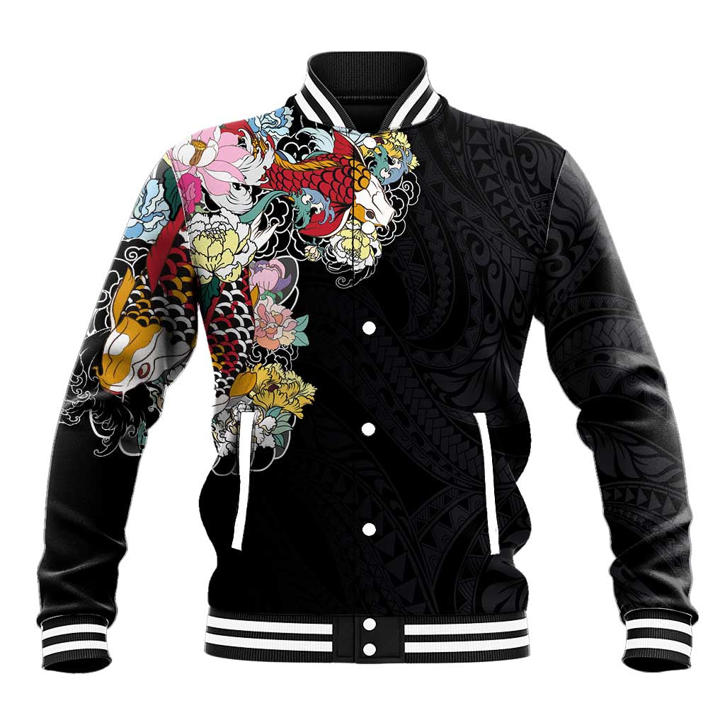 Hawaiian and Japanese Together Baseball Jacket Colorful Traditional Japanese Tattoo and Kakau Pattern Black Color