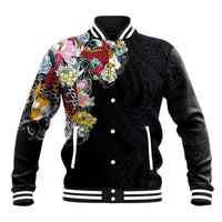 Hawaiian and Japanese Together Baseball Jacket Colorful Traditional Japanese Tattoo and Kakau Pattern Black Color