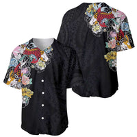 Hawaiian and Japanese Together Baseball Jersey Colorful Traditional Japanese Tattoo and Kakau Pattern Black Color