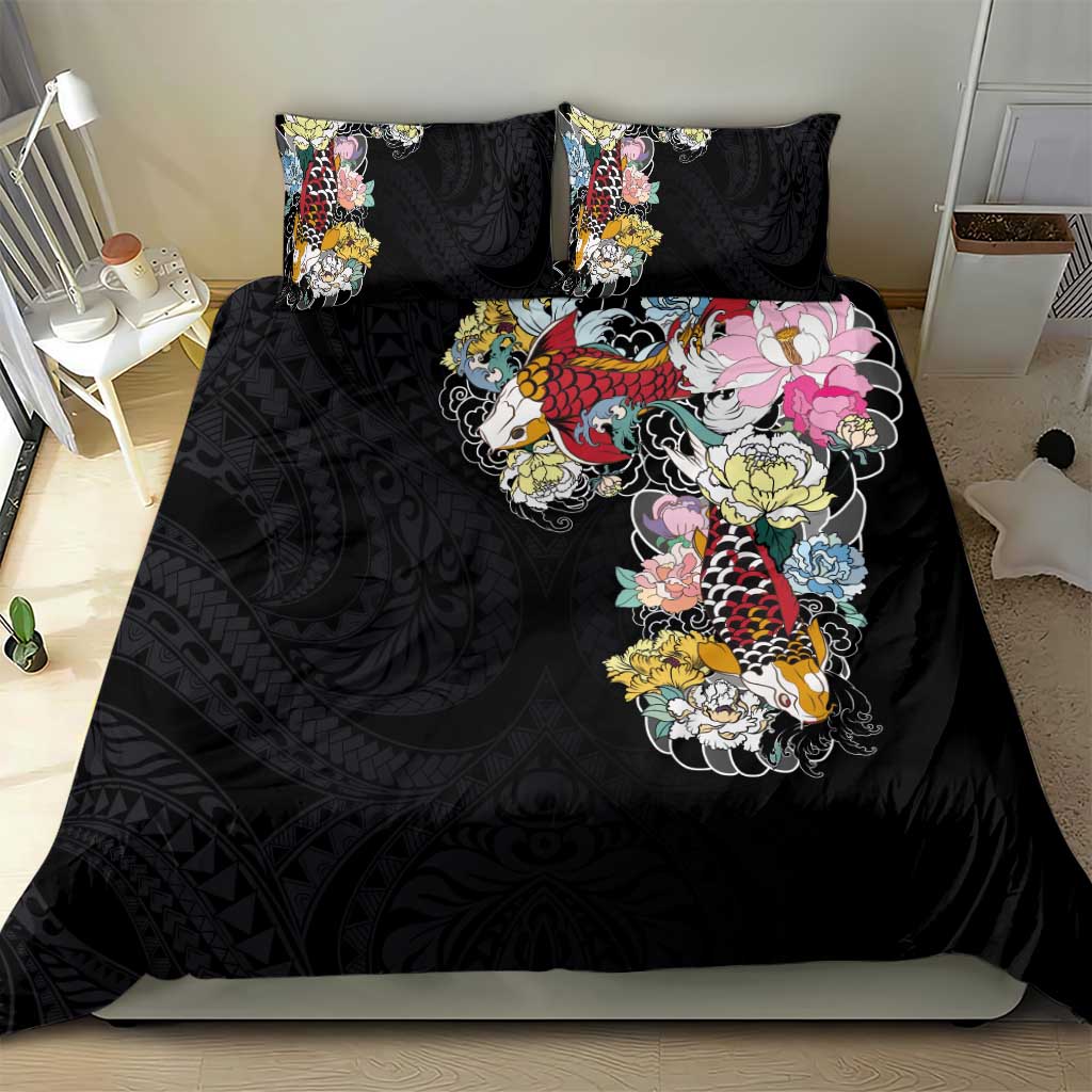 Hawaiian and Japanese Together Bedding Set Colorful Traditional Japanese Tattoo and Kakau Pattern Black Color