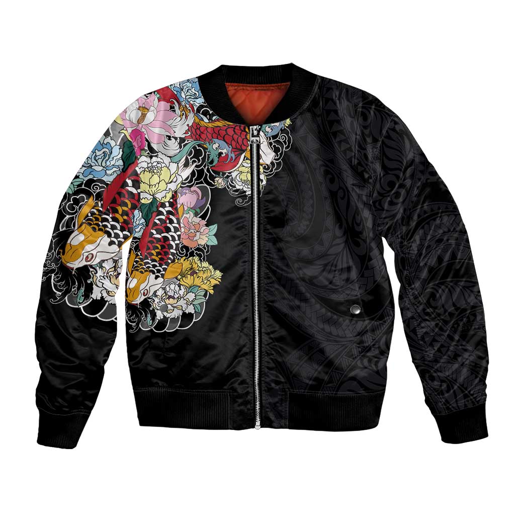 Hawaiian and Japanese Together Bomber Jacket Colorful Traditional Japanese Tattoo and Kakau Pattern Black Color
