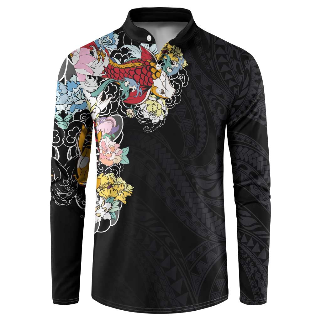 Hawaiian and Japanese Together Button Sweatshirt Colorful Traditional Japanese Tattoo and Kakau Pattern Black Color