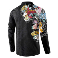 Hawaiian and Japanese Together Button Sweatshirt Colorful Traditional Japanese Tattoo and Kakau Pattern Black Color