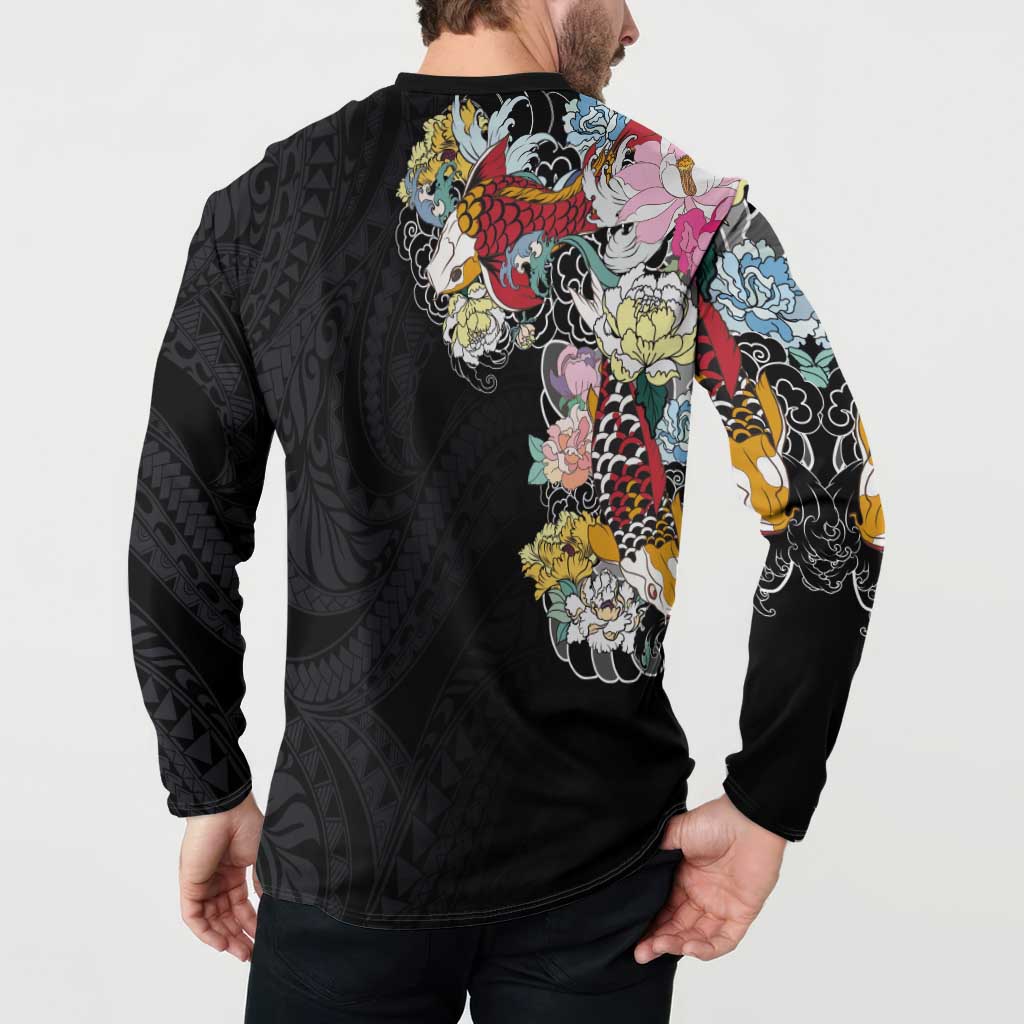 Hawaiian and Japanese Together Button Sweatshirt Colorful Traditional Japanese Tattoo and Kakau Pattern Black Color