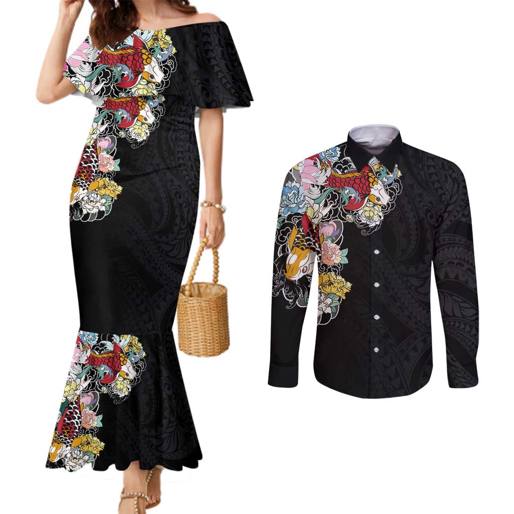 Hawaiian and Japanese Together Couples Matching Mermaid Dress and Long Sleeve Button Shirt Colorful Traditional Japanese Tattoo and Kakau Pattern Black Color