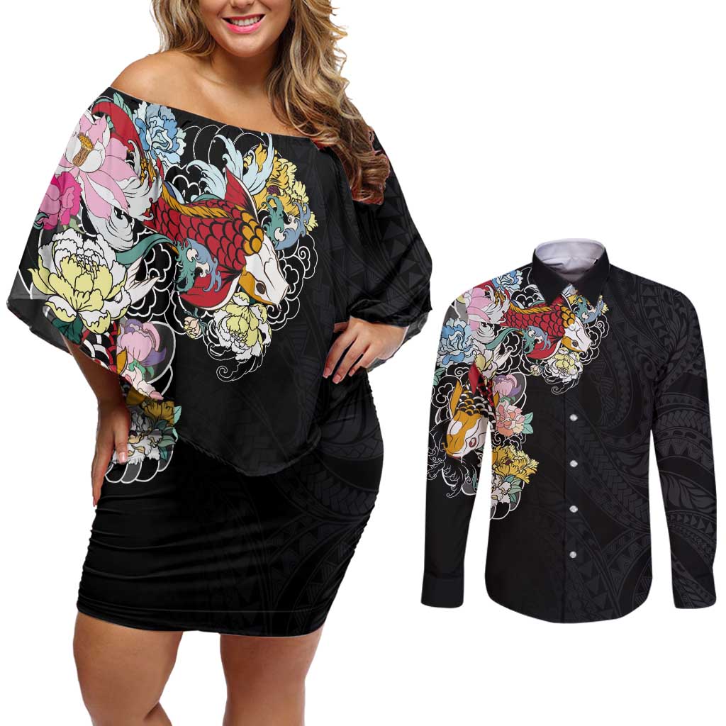 Hawaiian and Japanese Together Couples Matching Off Shoulder Short Dress and Long Sleeve Button Shirt Colorful Traditional Japanese Tattoo and Kakau Pattern Black Color