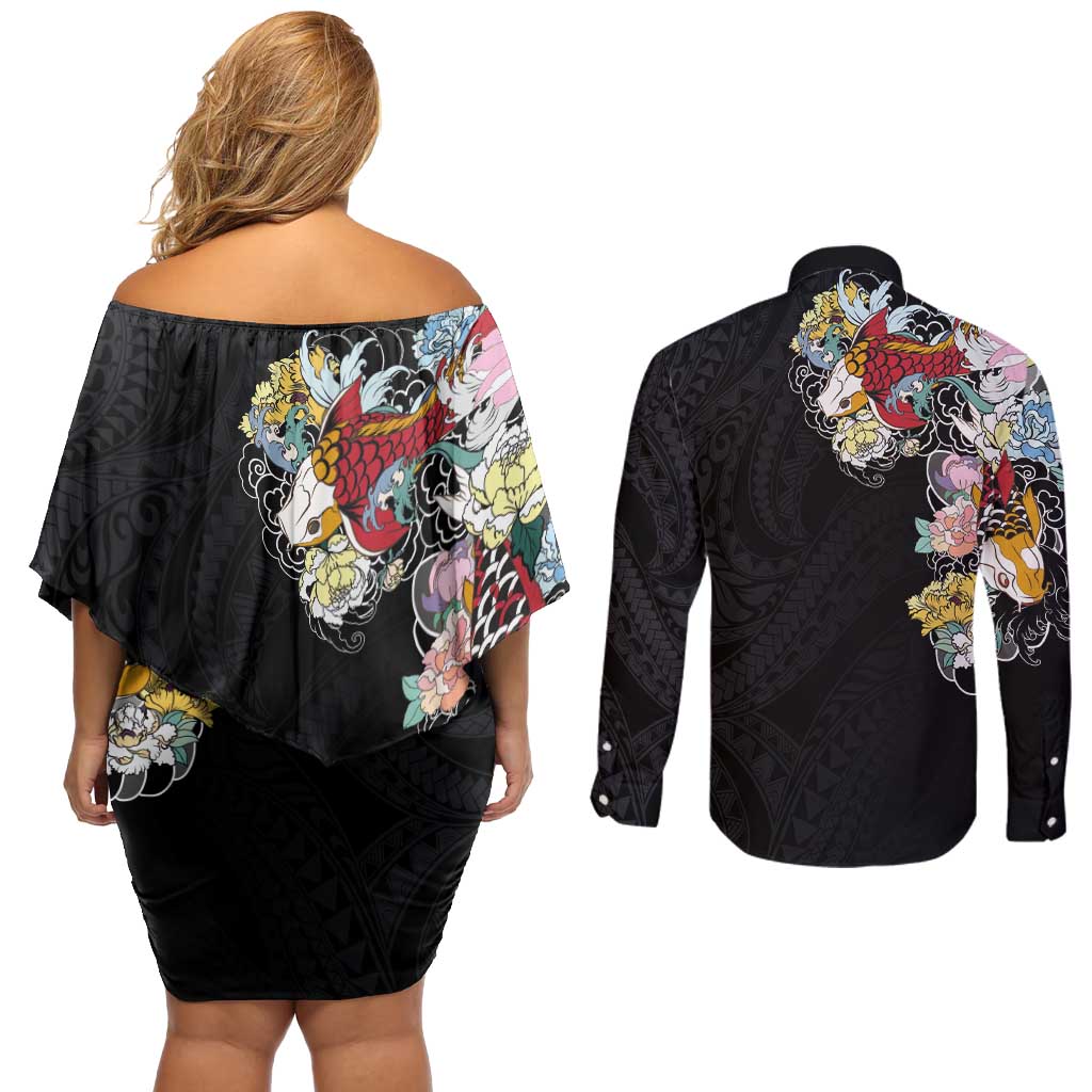 Hawaiian and Japanese Together Couples Matching Off Shoulder Short Dress and Long Sleeve Button Shirt Colorful Traditional Japanese Tattoo and Kakau Pattern Black Color