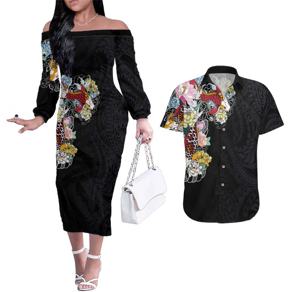 Hawaiian and Japanese Together Couples Matching Off The Shoulder Long Sleeve Dress and Hawaiian Shirt Colorful Traditional Japanese Tattoo and Kakau Pattern Black Color