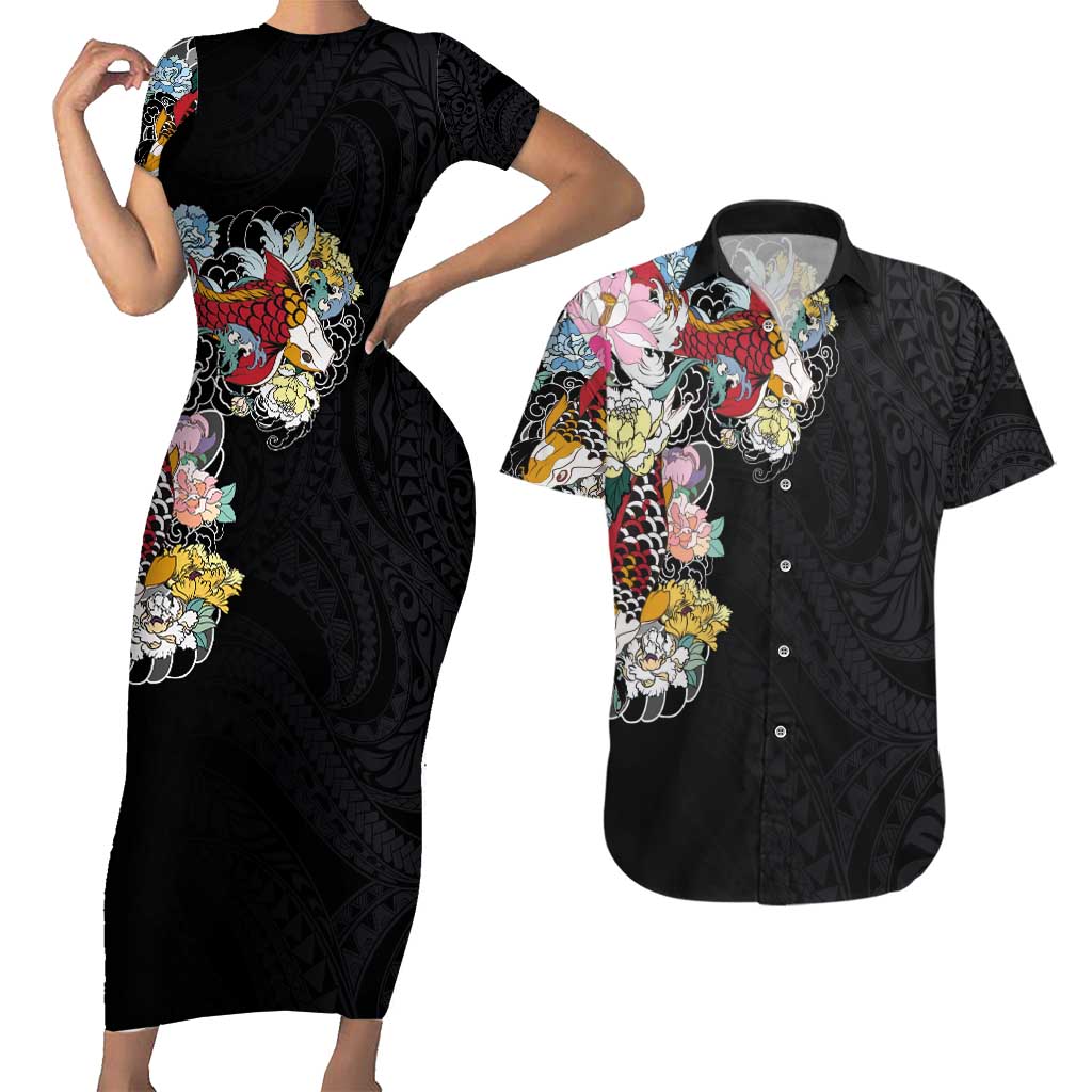 Hawaiian and Japanese Together Couples Matching Short Sleeve Bodycon Dress and Hawaiian Shirt Colorful Traditional Japanese Tattoo and Kakau Pattern Black Color