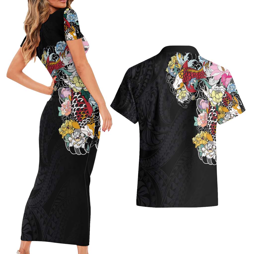 Hawaiian and Japanese Together Couples Matching Short Sleeve Bodycon Dress and Hawaiian Shirt Colorful Traditional Japanese Tattoo and Kakau Pattern Black Color