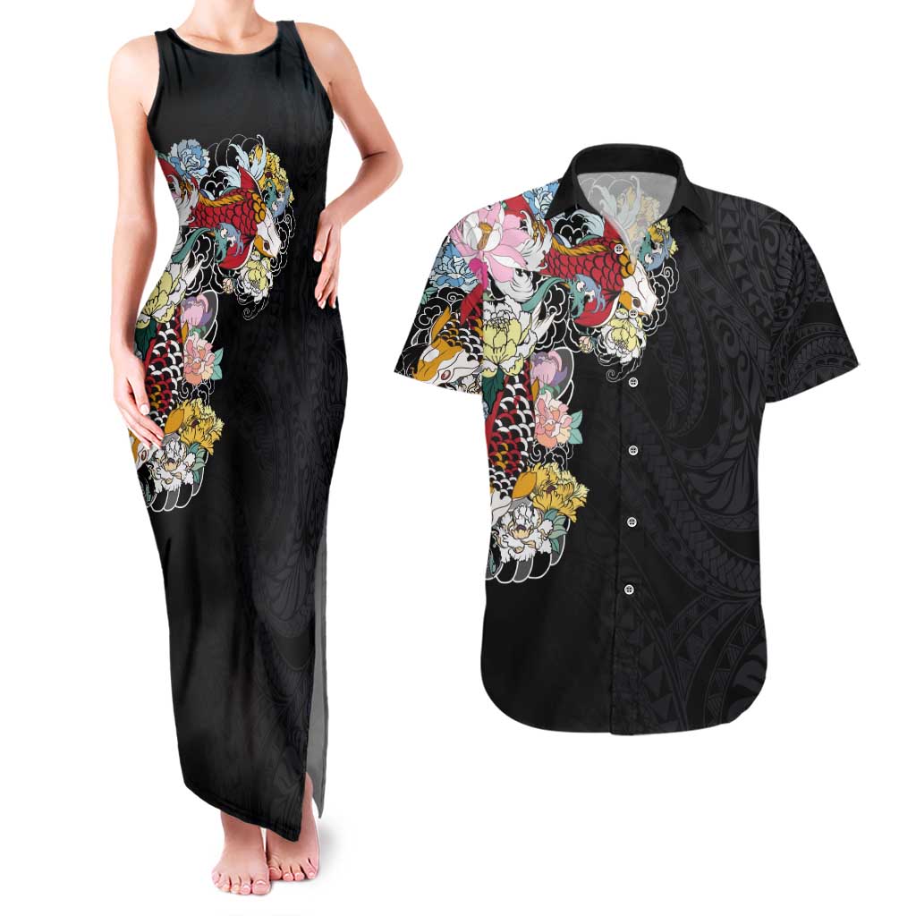 Hawaiian and Japanese Together Couples Matching Tank Maxi Dress and Hawaiian Shirt Colorful Traditional Japanese Tattoo and Kakau Pattern Black Color