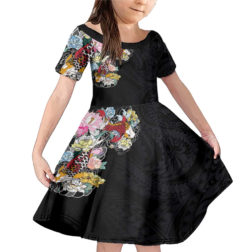 Hawaiian and Japanese Together Family Matching Mermaid Dress and Hawaiian Shirt Colorful Traditional Japanese Tattoo and Kakau Pattern Black Color