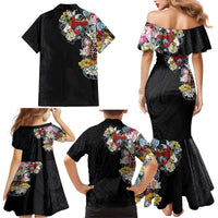 Hawaiian and Japanese Together Family Matching Mermaid Dress and Hawaiian Shirt Colorful Traditional Japanese Tattoo and Kakau Pattern Black Color