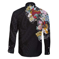 Hawaiian and Japanese Together Family Matching Mermaid Dress and Hawaiian Shirt Colorful Traditional Japanese Tattoo and Kakau Pattern Black Color