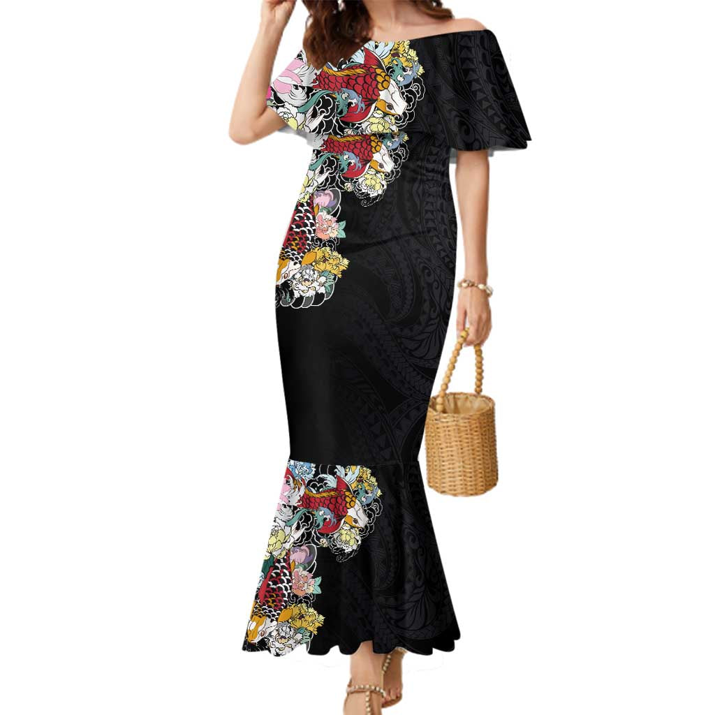 Hawaiian and Japanese Together Family Matching Mermaid Dress and Hawaiian Shirt Colorful Traditional Japanese Tattoo and Kakau Pattern Black Color