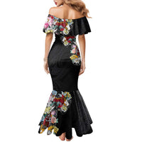 Hawaiian and Japanese Together Family Matching Mermaid Dress and Hawaiian Shirt Colorful Traditional Japanese Tattoo and Kakau Pattern Black Color