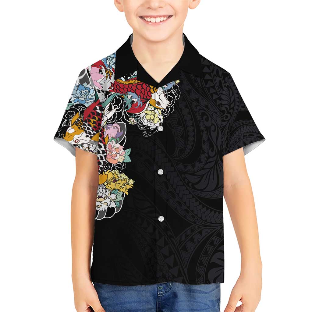 Hawaiian and Japanese Together Kid Hawaiian Shirt Colorful Traditional Japanese Tattoo and Kakau Pattern Black Color