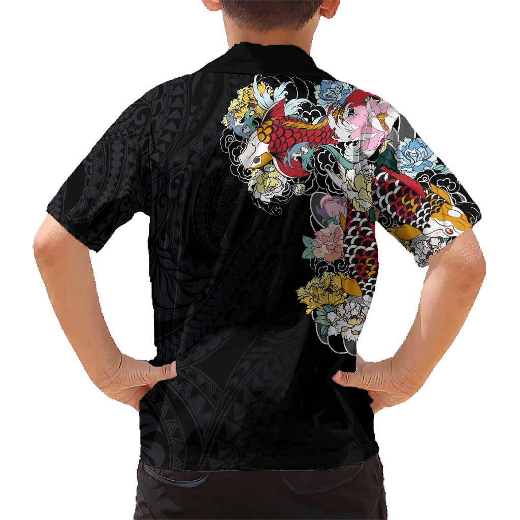 Hawaiian and Japanese Together Kid Hawaiian Shirt Colorful Traditional Japanese Tattoo and Kakau Pattern Black Color