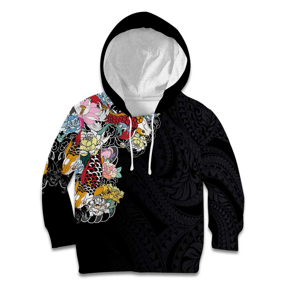 Hawaiian and Japanese Together Kid Hoodie Colorful Traditional Japanese Tattoo and Kakau Pattern Black Color