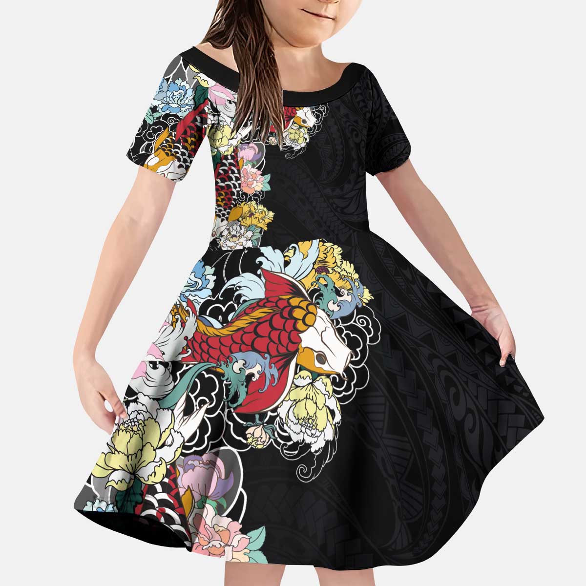Hawaiian and Japanese Together Kid Short Sleeve Dress Colorful Traditional Japanese Tattoo and Kakau Pattern Black Color