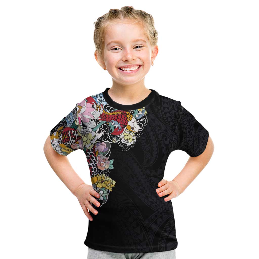Hawaiian and Japanese Together Kid T Shirt Colorful Traditional Japanese Tattoo and Kakau Pattern Black Color