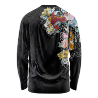 Hawaiian and Japanese Together Long Sleeve Shirt Colorful Traditional Japanese Tattoo and Kakau Pattern Black Color