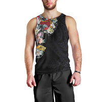 Hawaiian and Japanese Together Men Tank Top Colorful Traditional Japanese Tattoo and Kakau Pattern Black Color