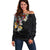 Hawaiian and Japanese Together Off Shoulder Sweater Colorful Traditional Japanese Tattoo and Kakau Pattern Black Color