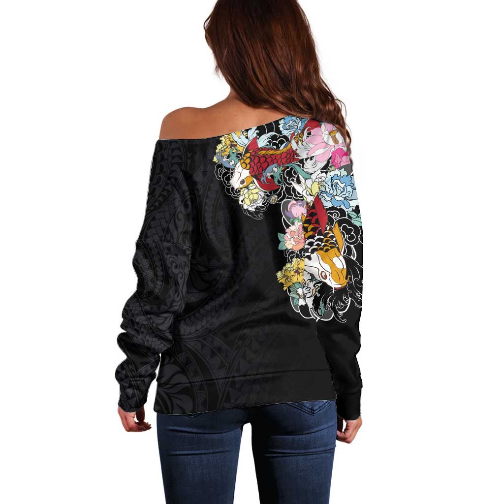Hawaiian and Japanese Together Off Shoulder Sweater Colorful Traditional Japanese Tattoo and Kakau Pattern Black Color