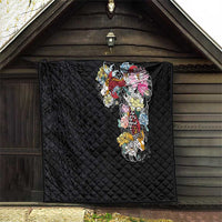 Hawaiian and Japanese Together Quilt Colorful Traditional Japanese Tattoo and Kakau Pattern Black Color