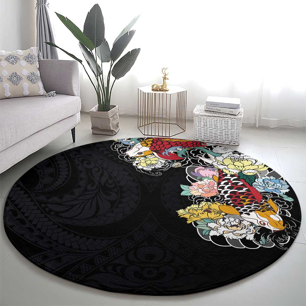 Hawaiian and Japanese Together Round Carpet Colorful Traditional Japanese Tattoo and Kakau Pattern Black Color