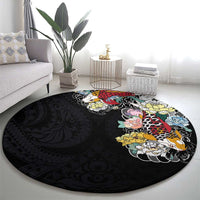 Hawaiian and Japanese Together Round Carpet Colorful Traditional Japanese Tattoo and Kakau Pattern Black Color