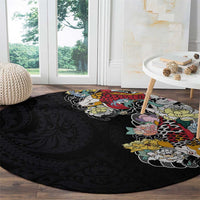 Hawaiian and Japanese Together Round Carpet Colorful Traditional Japanese Tattoo and Kakau Pattern Black Color