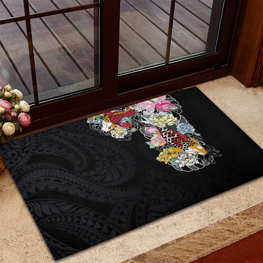 Hawaiian and Japanese Together Rubber Doormat Colorful Traditional Japanese Tattoo and Kakau Pattern Black Color
