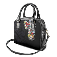Hawaiian and Japanese Together Shoulder Handbag Colorful Traditional Japanese Tattoo and Kakau Pattern Black Color