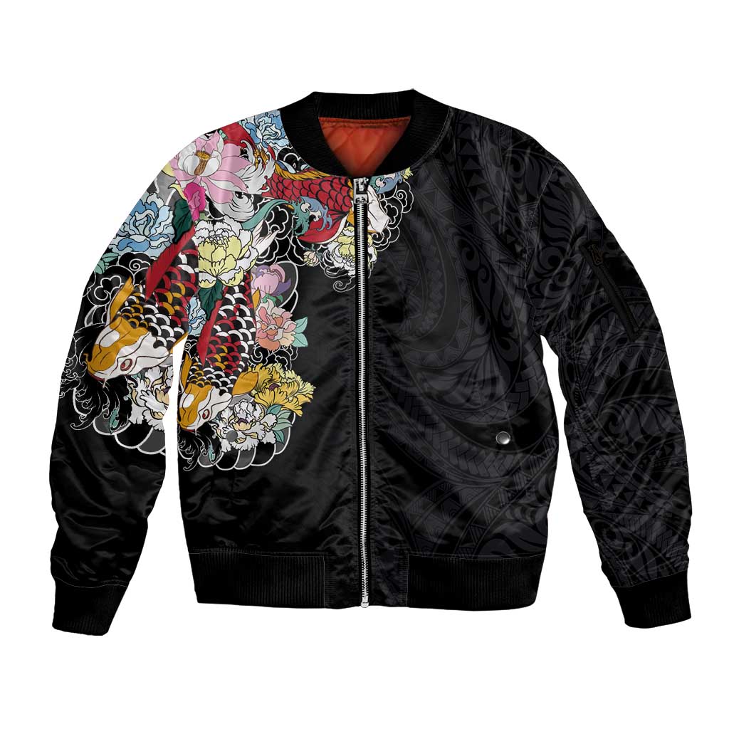 Hawaiian and Japanese Together Sleeve Zip Bomber Jacket Colorful Traditional Japanese Tattoo and Kakau Pattern Black Color