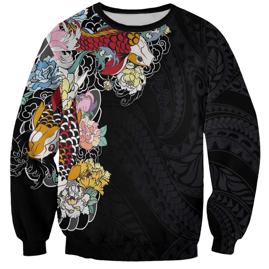 Hawaiian and Japanese Together Sweatshirt Colorful Traditional Japanese Tattoo and Kakau Pattern Black Color